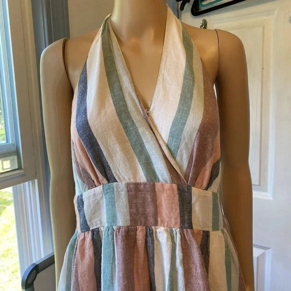 American Eagle Striped Cotton Linen Halter Mini Dress Beach Summer Pocket L - Picture 8 of 9